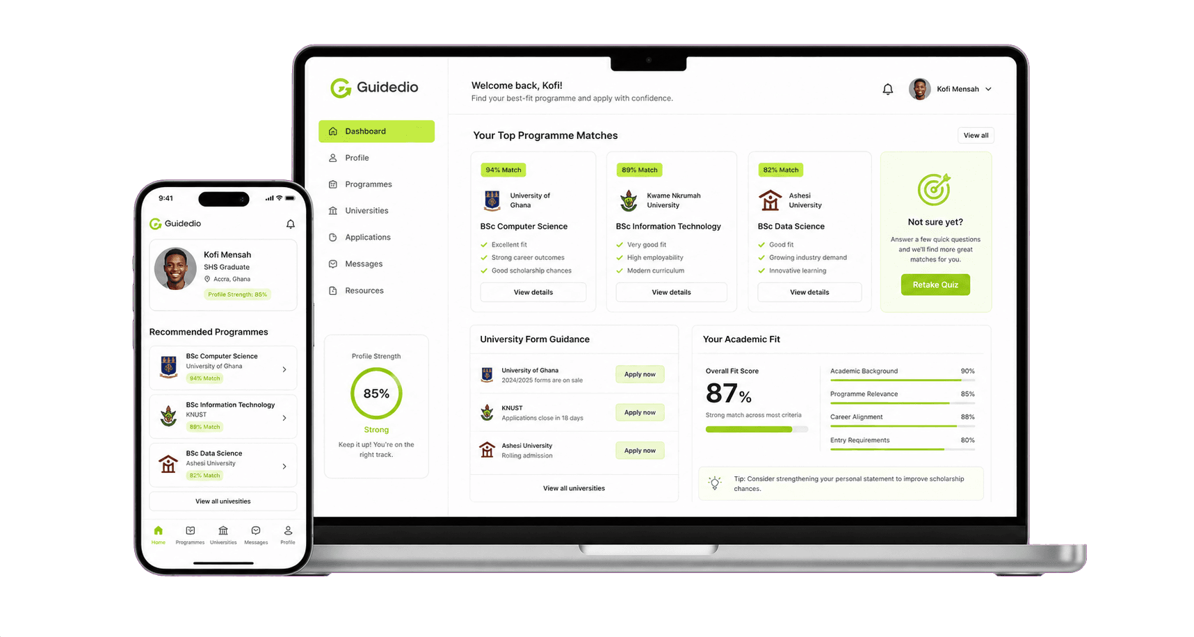 Guidedio programme recommendation laptop and phone preview