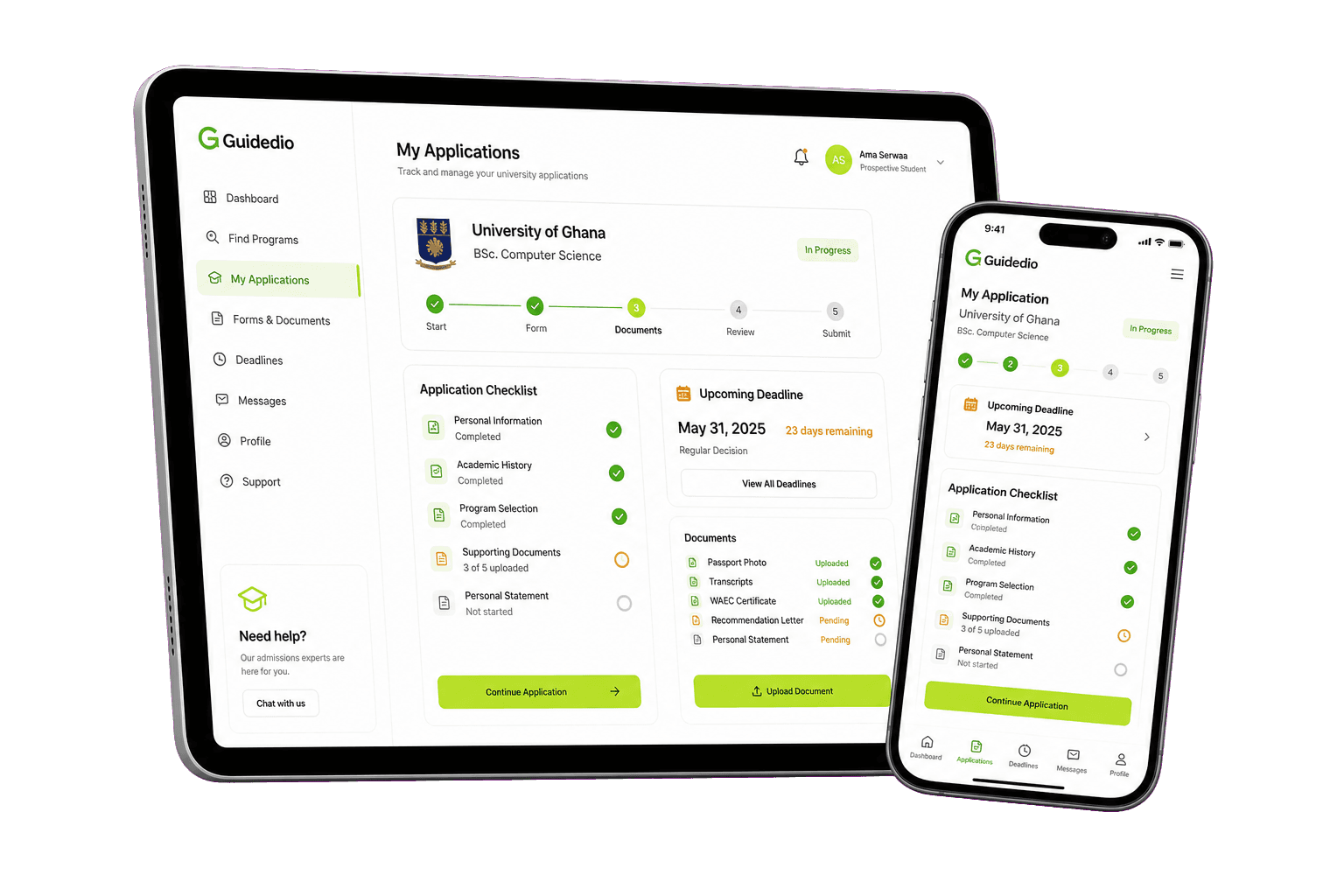 Guidedio university forms tablet and phone preview